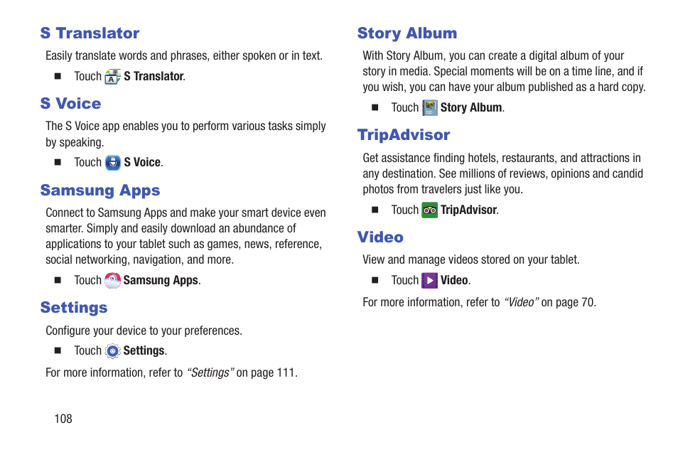 S translator, S voice, Samsung apps | Settings, Story album, Tripadvisor, Video | Samsung SM-T217AZKAATT User Manual | Page 114 / 158