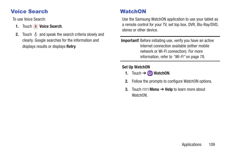 Voice search, Watchon, Voice search watchon | Samsung SM-T217AZKAATT User Manual | Page 115 / 158