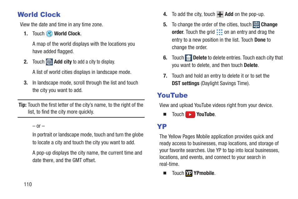 World clock, Youtube, World clock youtube yp | Samsung SM-T217AZKAATT User Manual | Page 116 / 158
