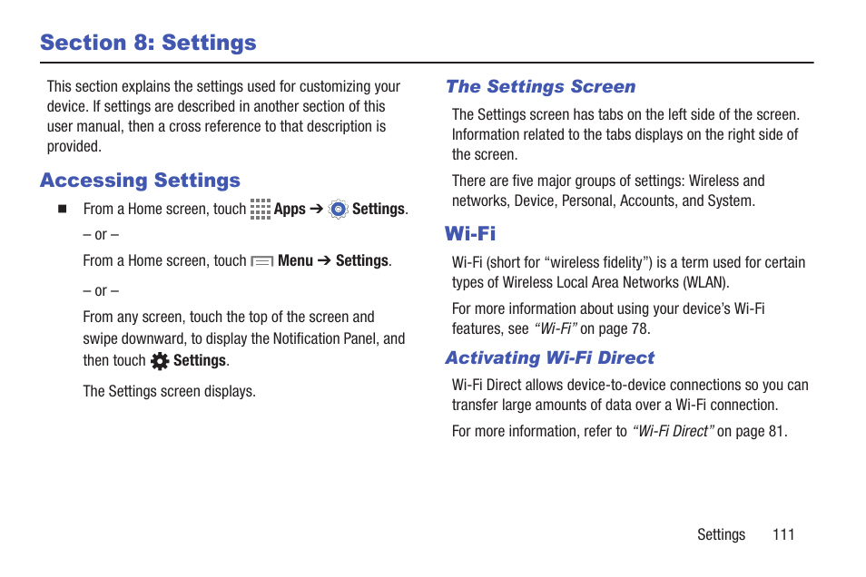 Section 8: settings, Accessing settings, Wi-fi | Accessing settings wi-fi, For more | Samsung SM-T217AZKAATT User Manual | Page 117 / 158