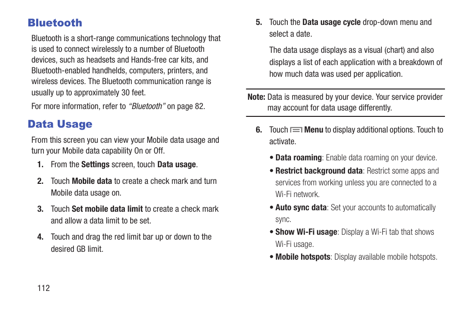 Bluetooth, Data usage, Bluetooth data usage | Samsung SM-T217AZKAATT User Manual | Page 118 / 158