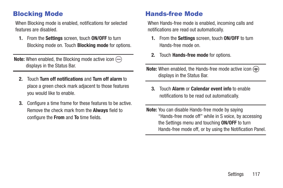 Blocking mode, Hands-free mode, Blocking mode hands-free mode | Samsung SM-T217AZKAATT User Manual | Page 123 / 158