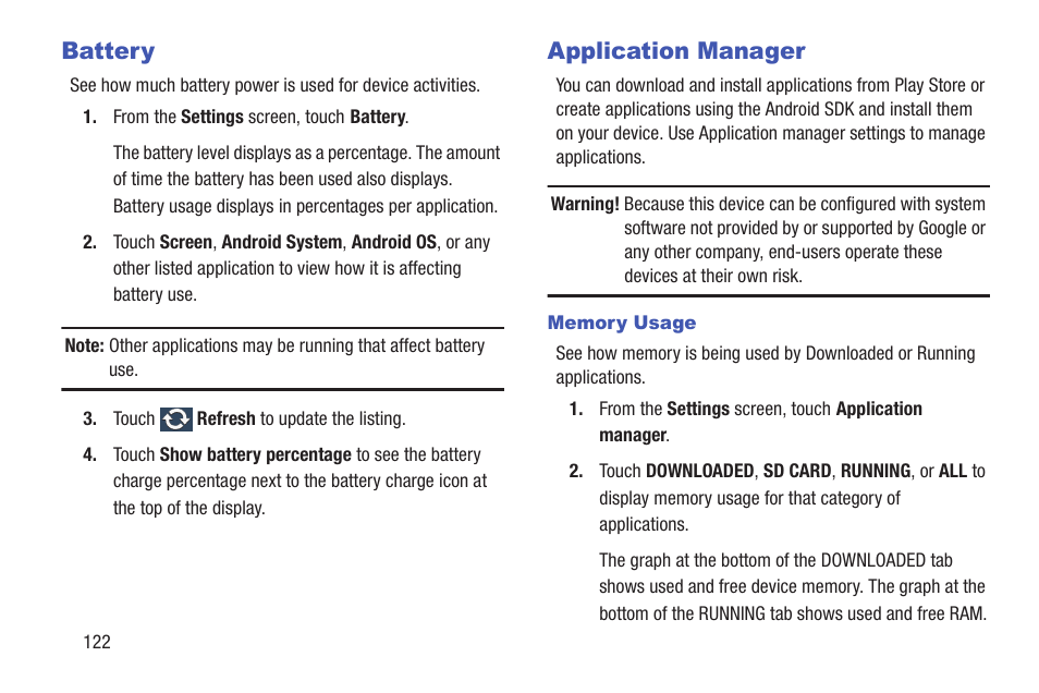 Battery, Application manager, Battery application manager | Samsung SM-T217AZKAATT User Manual | Page 128 / 158
