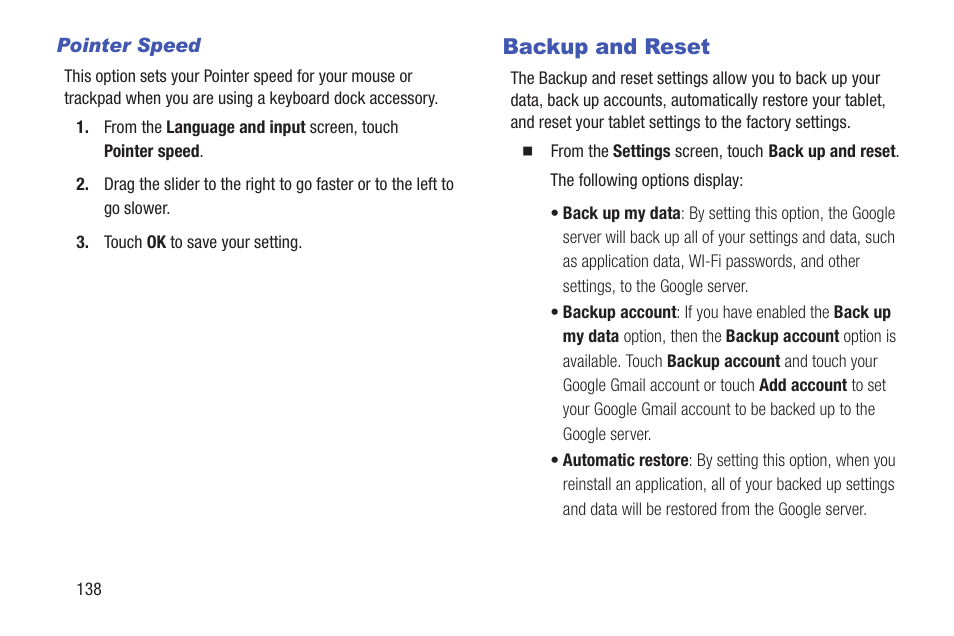 Backup and reset | Samsung SM-T217AZKAATT User Manual | Page 144 / 158