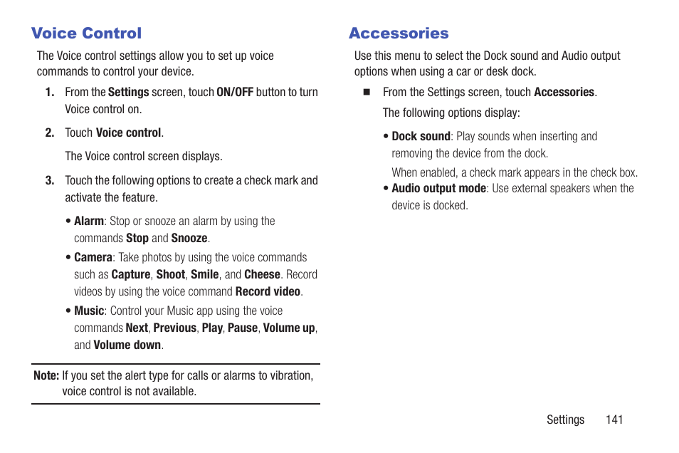 Voice control, Accessories, Voice control accessories | For more | Samsung SM-T217AZKAATT User Manual | Page 147 / 158