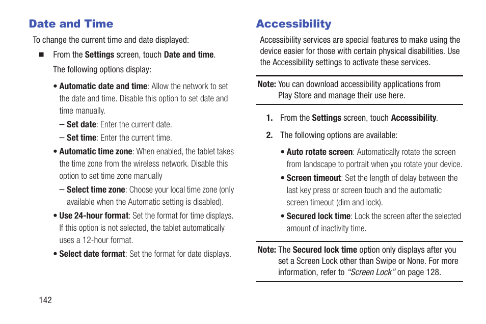 Date and time, Accessibility, Date and time accessibility | Me. for more information | Samsung SM-T217AZKAATT User Manual | Page 148 / 158