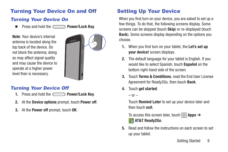 Turning your device on and off, Setting up your device | Samsung SM-T217AZKAATT User Manual | Page 15 / 158