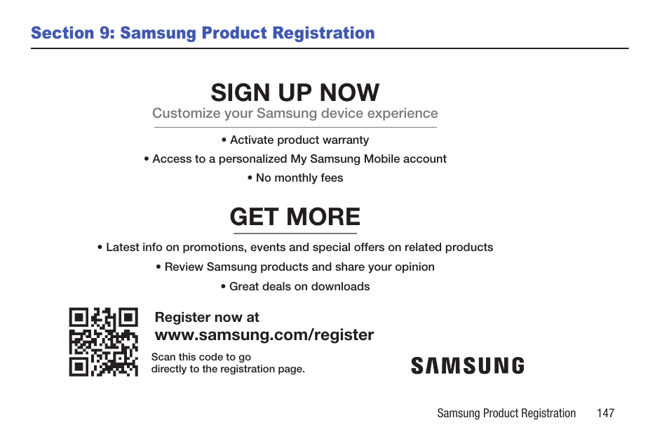 Section 9: samsung product registration, Section 9: samsung product, Registration | Get more, Sign up now | Samsung SM-T217AZKAATT User Manual | Page 153 / 158