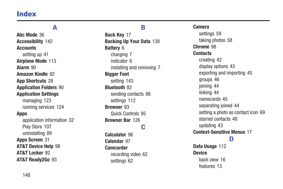 Index | Samsung SM-T217AZKAATT User Manual | Page 154 / 158