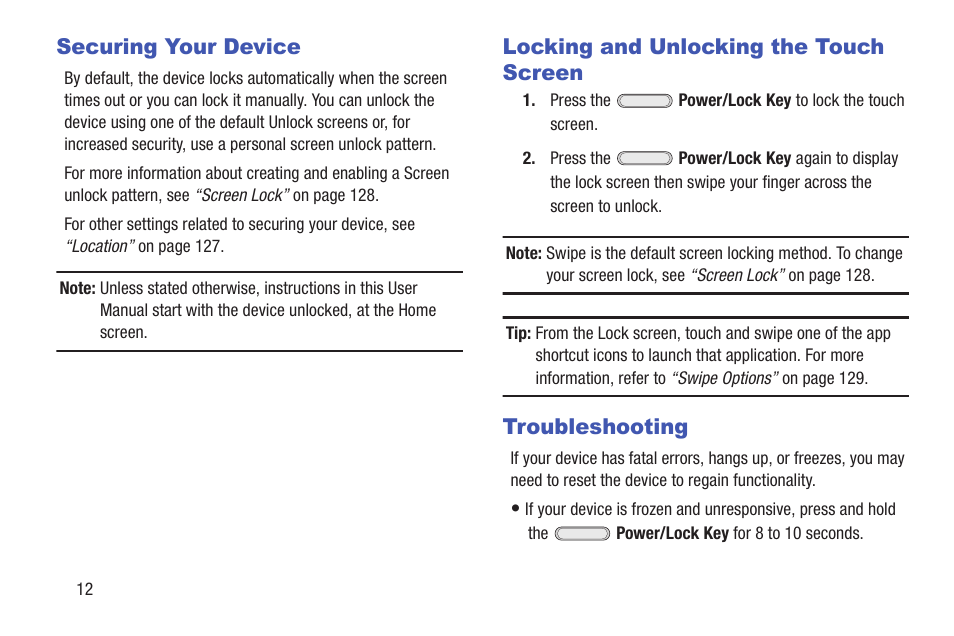 Securing your device, Locking and unlocking the touch screen, Troubleshooting | Samsung SM-T217AZKAATT User Manual | Page 18 / 158