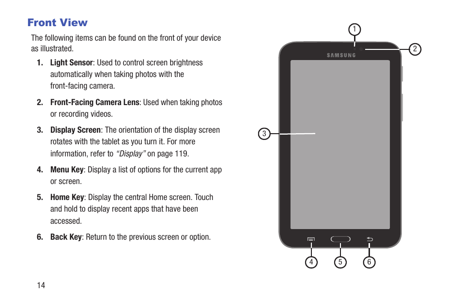 Front view | Samsung SM-T217AZKAATT User Manual | Page 20 / 158