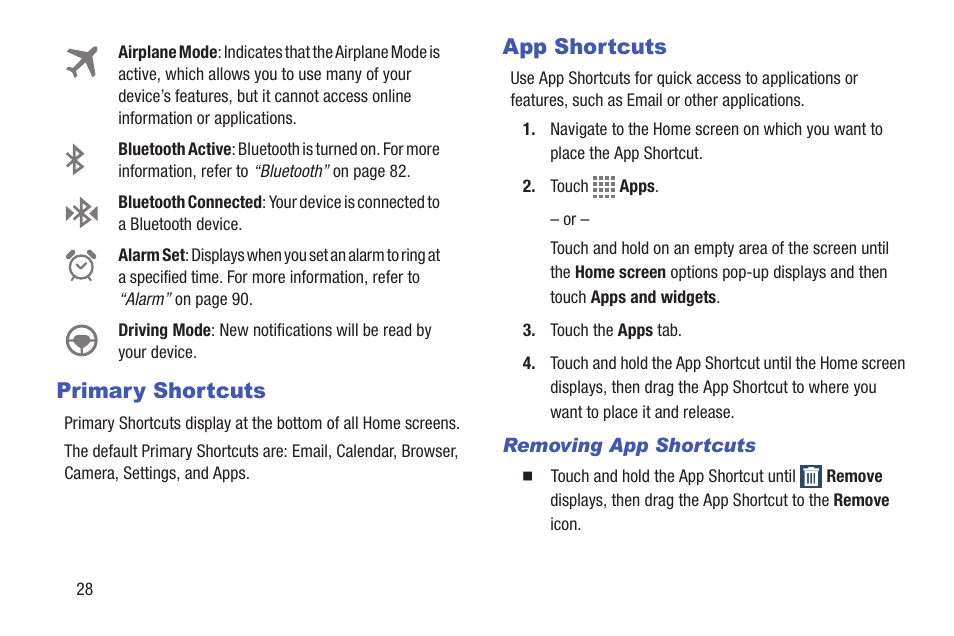 Primary shortcuts, App shortcuts, Primary shortcuts app shortcuts | Ps. for more, Eens. for more | Samsung SM-T217AZKAATT User Manual | Page 34 / 158