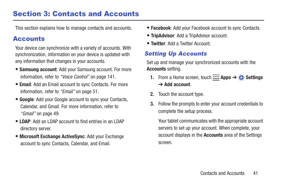 Section 3: contacts and accounts, Accounts | Samsung SM-T217AZKAATT User Manual | Page 47 / 158