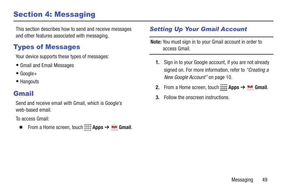Section 4: messaging, Types of messages, Gmail | Types of messages gmail, Ail. for more information, refer to | Samsung SM-T217AZKAATT User Manual | Page 55 / 158