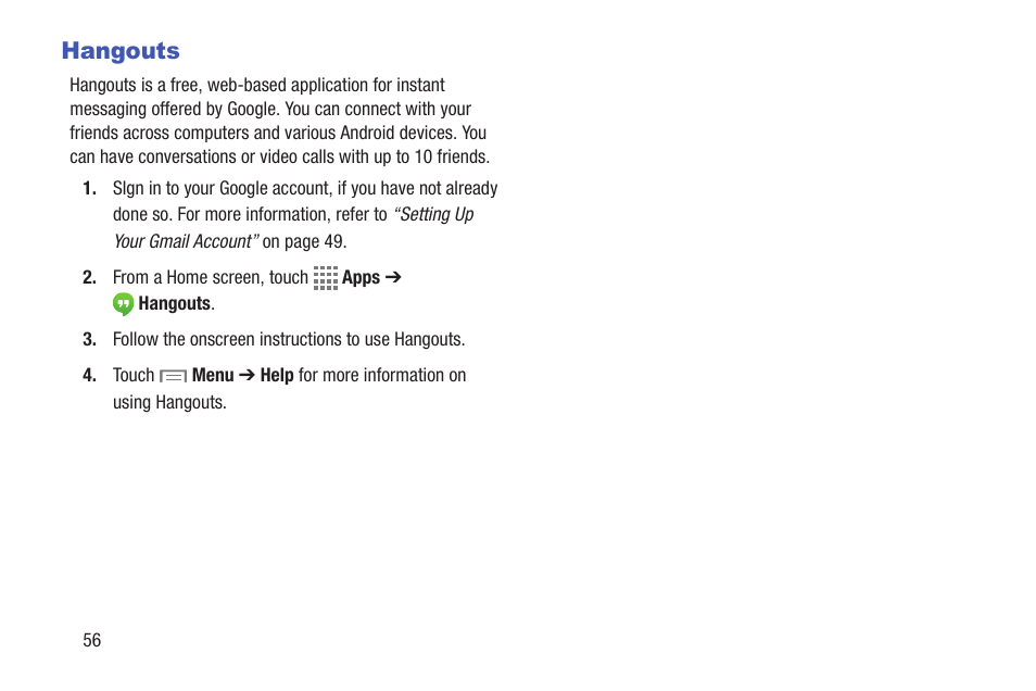 Hangouts | Samsung SM-T217AZKAATT User Manual | Page 62 / 158