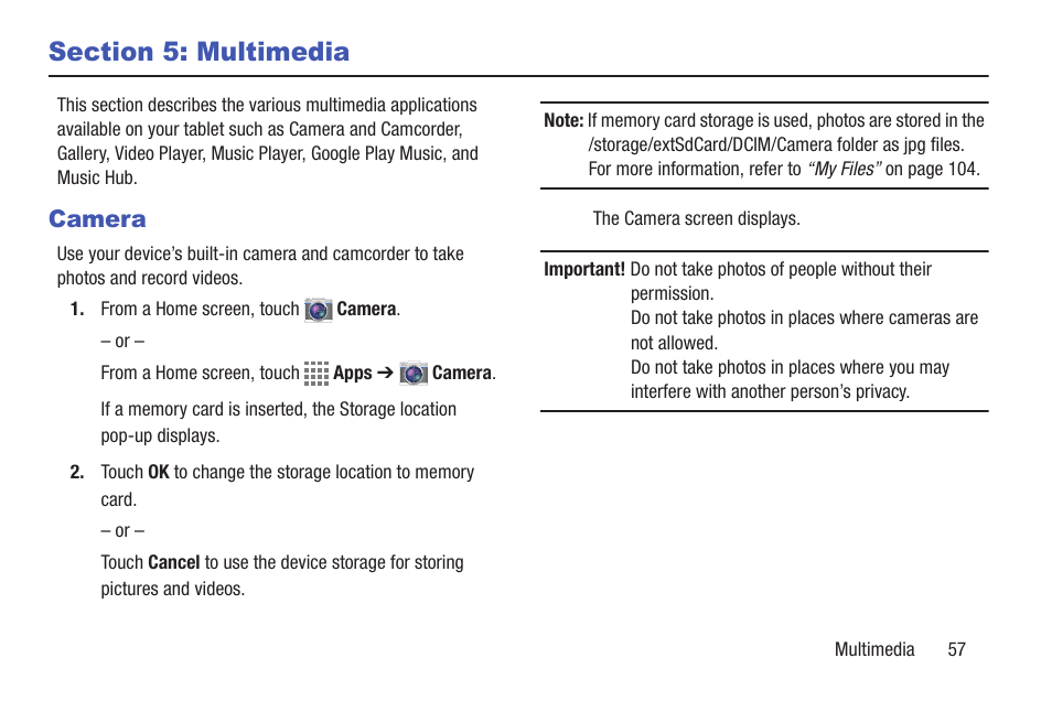 Section 5: multimedia, Camera | Samsung SM-T217AZKAATT User Manual | Page 63 / 158