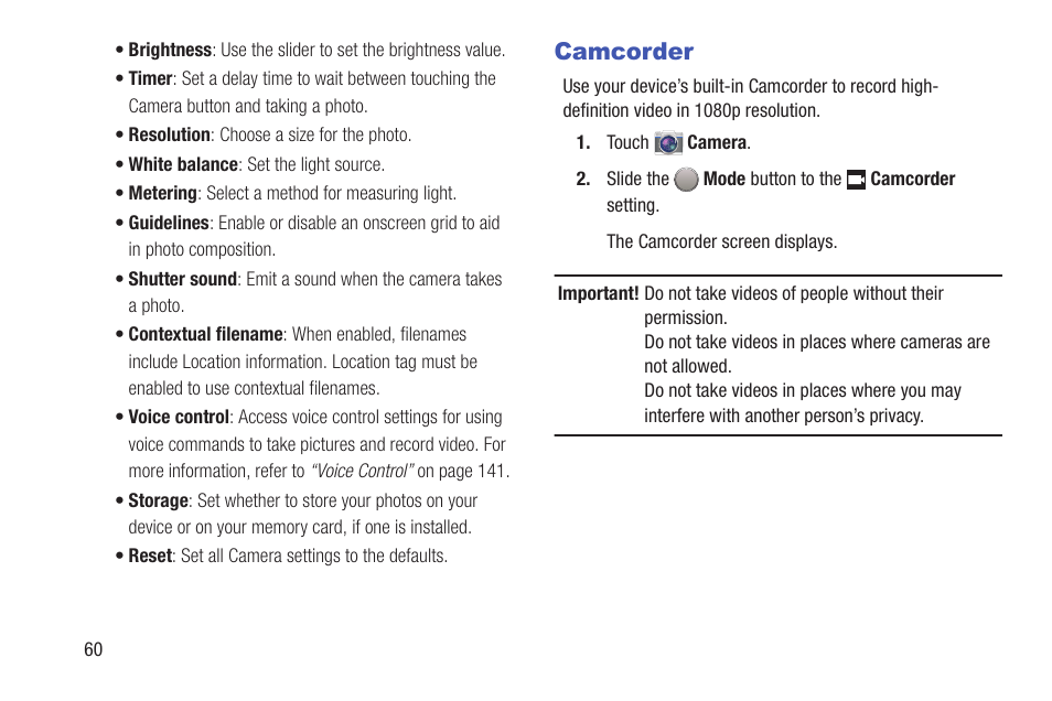 Camcorder | Samsung SM-T217AZKAATT User Manual | Page 66 / 158
