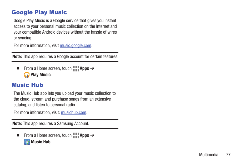 Google play music, Music hub, Google play music music hub | Samsung SM-T217AZKAATT User Manual | Page 83 / 158