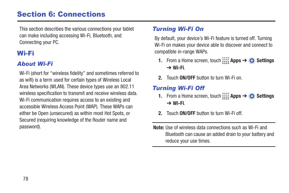 Section 6: connections, Wi-fi | Samsung SM-T217AZKAATT User Manual | Page 84 / 158