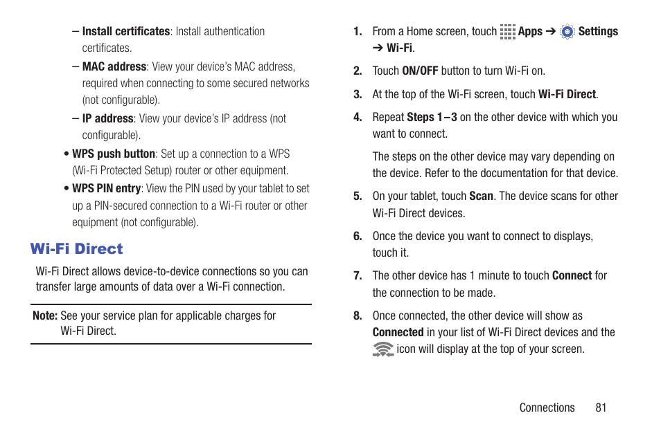 Wi-fi direct | Samsung SM-T217AZKAATT User Manual | Page 87 / 158