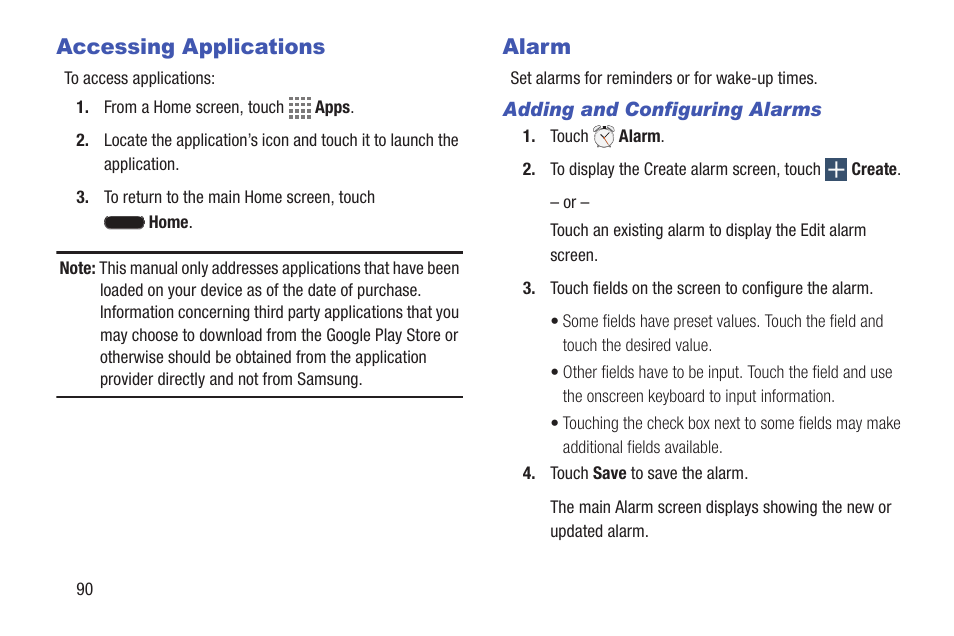 Accessing applications, Alarm, Accessing applications alarm | Samsung SM-T217AZKAATT User Manual | Page 96 / 158