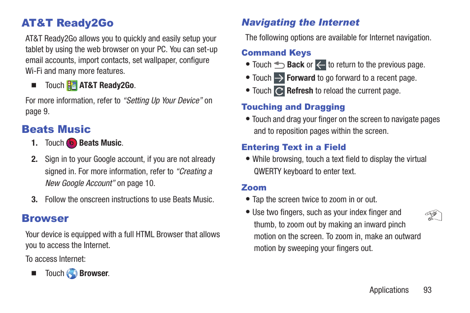 At&t ready2go, Beats music, Browser | At&t ready2go beats music browser | Samsung SM-T217AZKAATT User Manual | Page 99 / 158