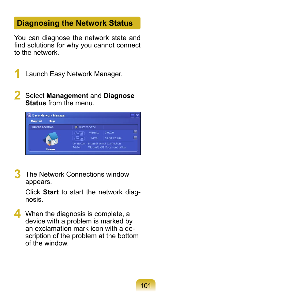 Diagnosing the network status | Samsung NP-Q1-V000-SEA User Manual | Page 101 / 204