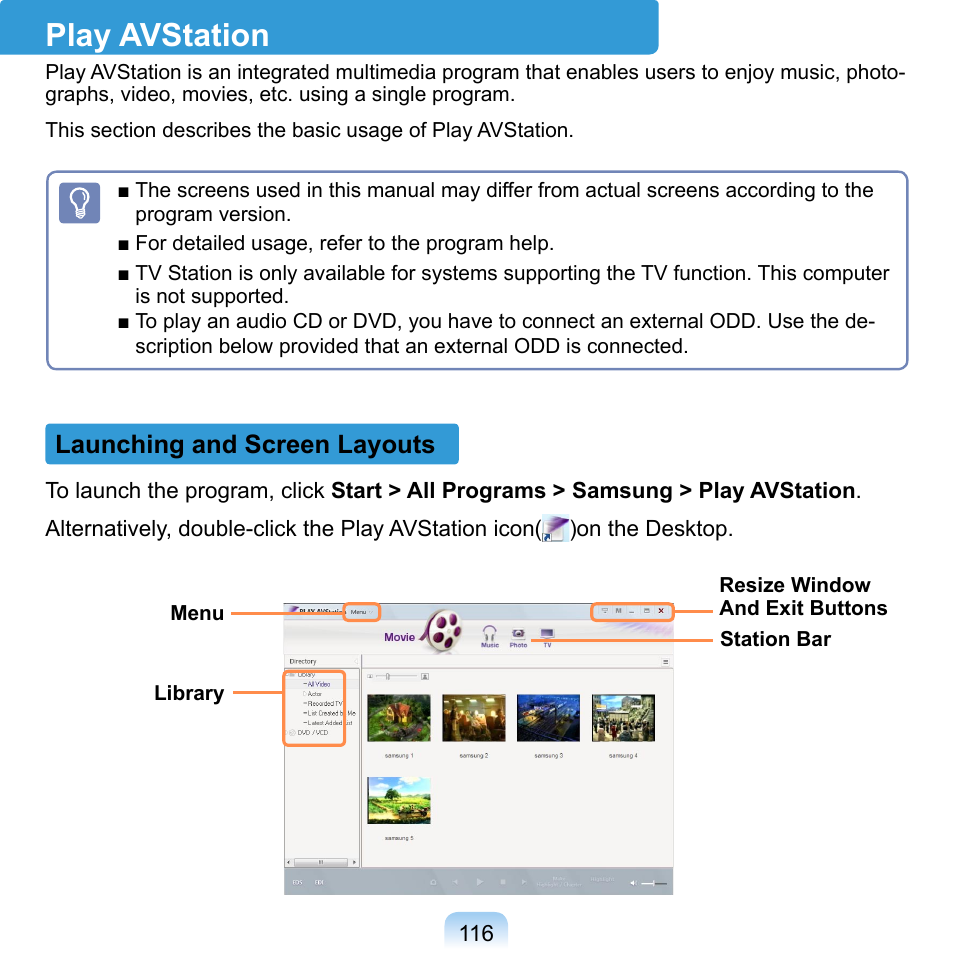 Play avstation, Launching and screen layouts, P.116 | Samsung NP-Q1-V000-SEA User Manual | Page 116 / 204