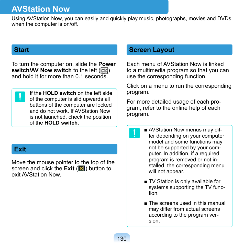Avstation now, Start, Exit | Screen layout, P.130 | Samsung NP-Q1-V000-SEA User Manual | Page 130 / 204