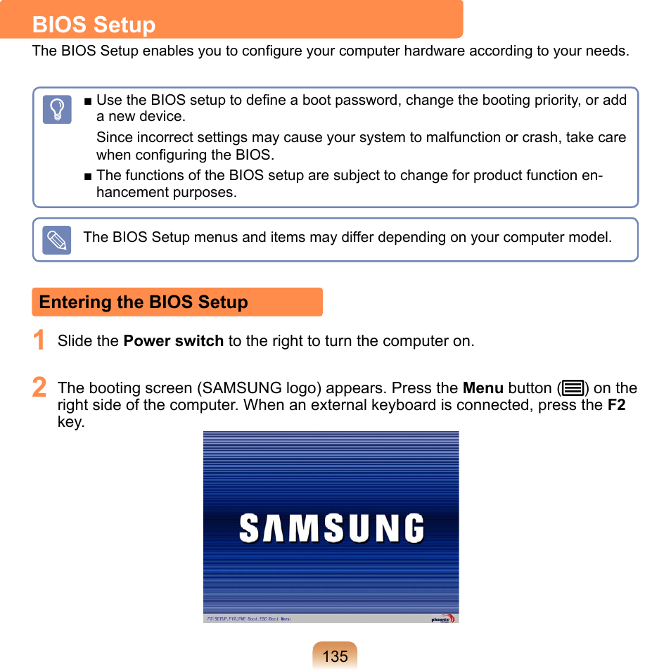 Bios setup, Entering the bios setup | Samsung NP-Q1-V000-SEA User Manual | Page 135 / 204