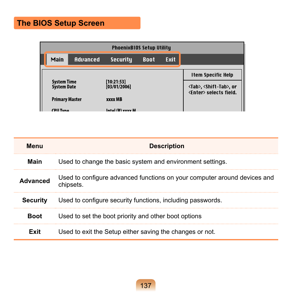 The bios setup screen | Samsung NP-Q1-V000-SEA User Manual | Page 137 / 204