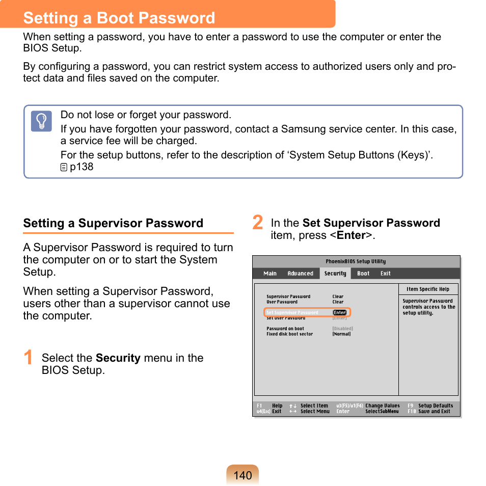 Setting a boot password | Samsung NP-Q1-V000-SEA User Manual | Page 140 / 204