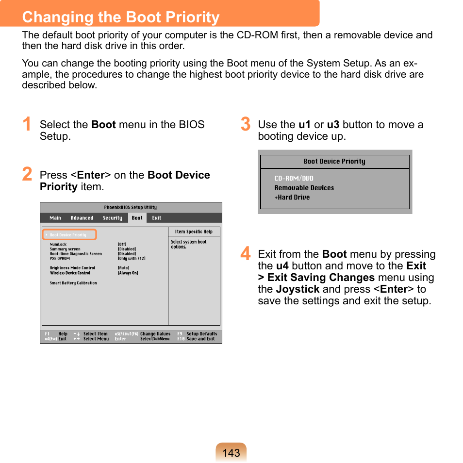 Changing the boot priority | Samsung NP-Q1-V000-SEA User Manual | Page 143 / 204