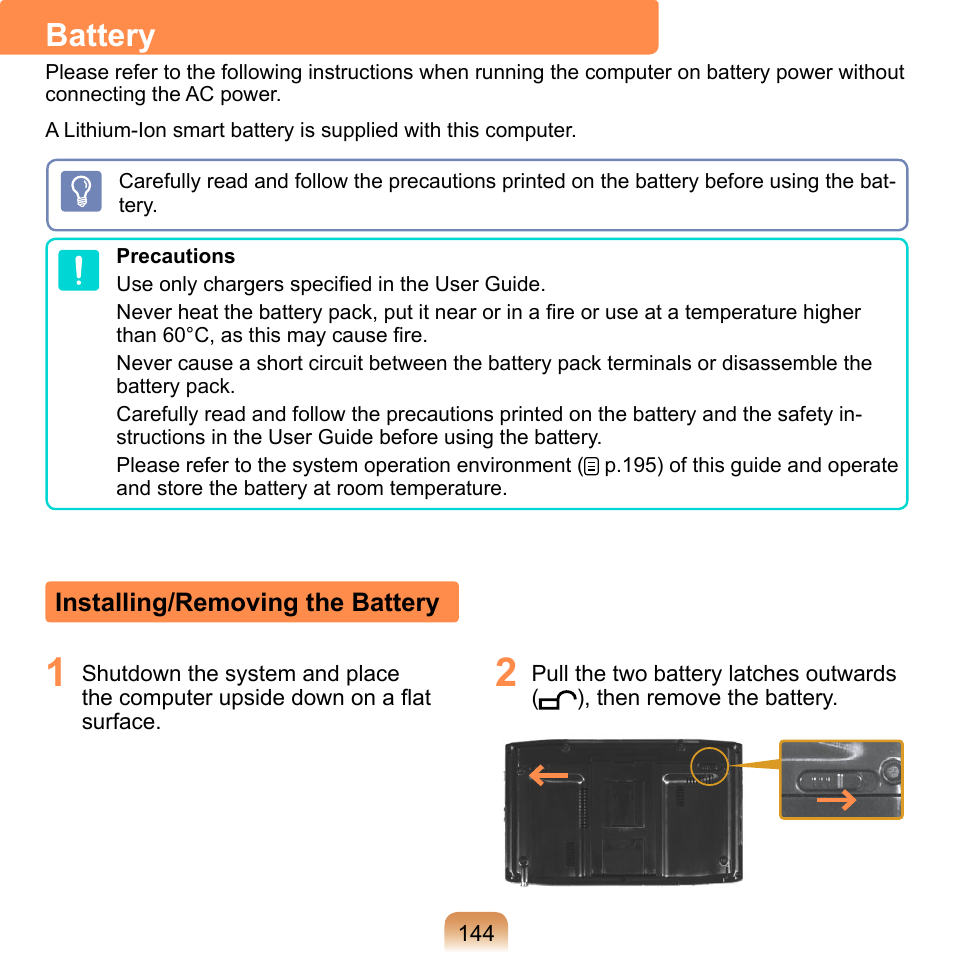 Battery, Installing/removing the battery | Samsung NP-Q1-V000-SEA User Manual | Page 144 / 204