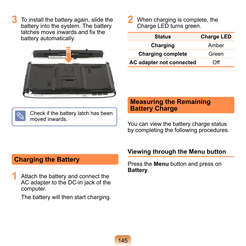 Charging the battery, Measuring the remaining battery charge | Samsung NP-Q1-V000-SEA User Manual | Page 145 / 204