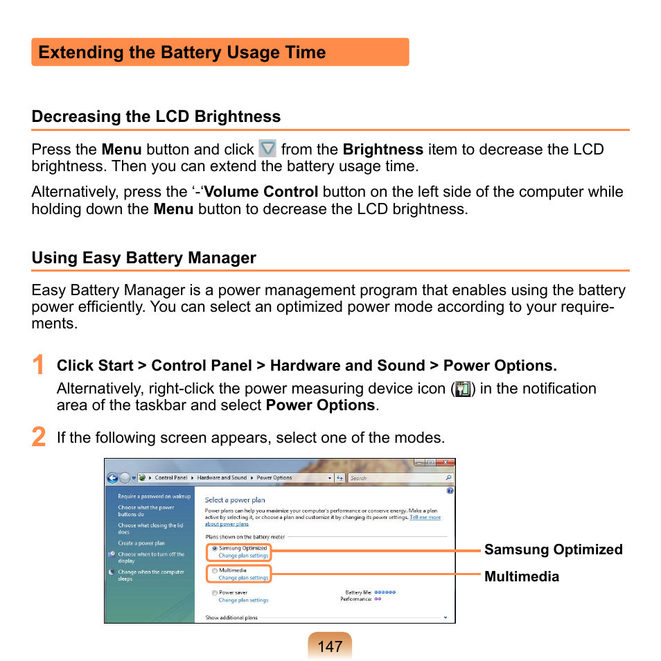 Extending the battery usage time, P.147 | Samsung NP-Q1-V000-SEA User Manual | Page 147 / 204