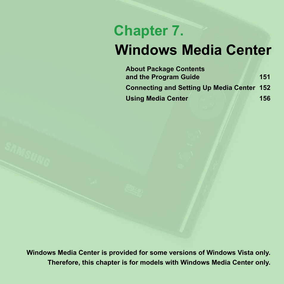 Chapter 7. windows media center | Samsung NP-Q1-V000-SEA User Manual | Page 150 / 204