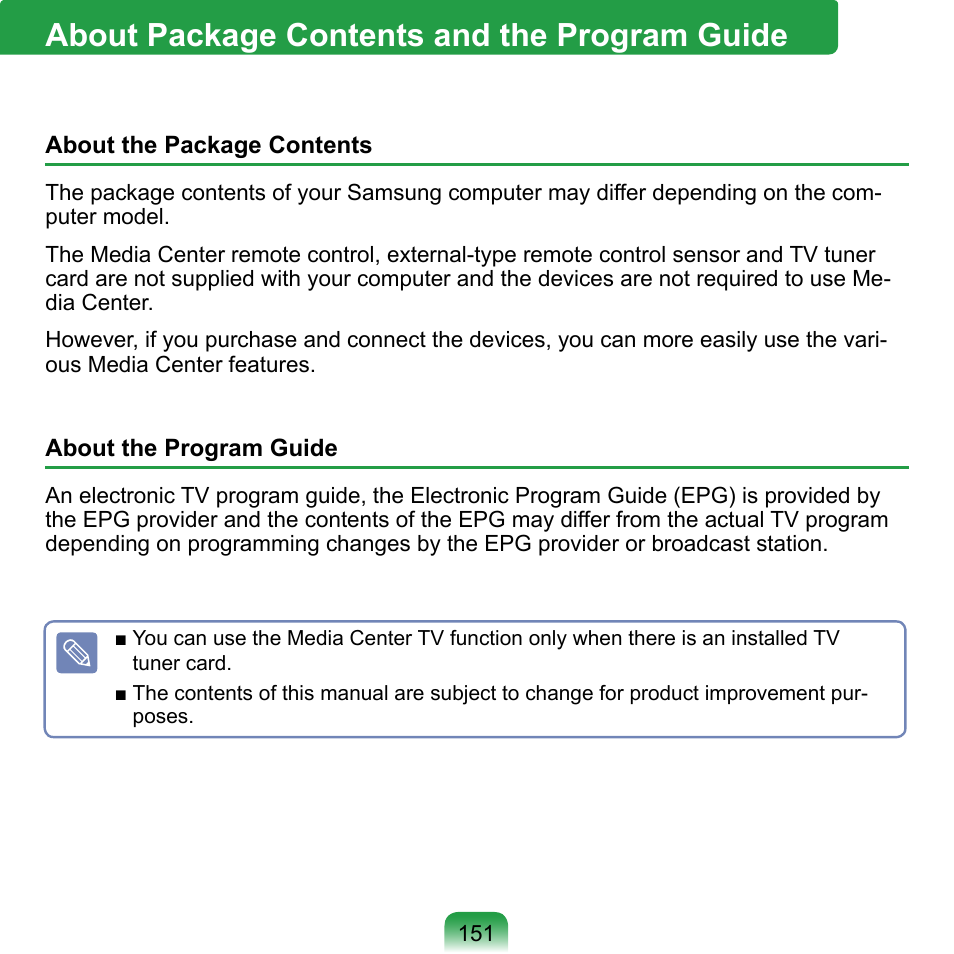 About package contents and the program guide, About package contents, And the program guide | Samsung NP-Q1-V000-SEA User Manual | Page 151 / 204