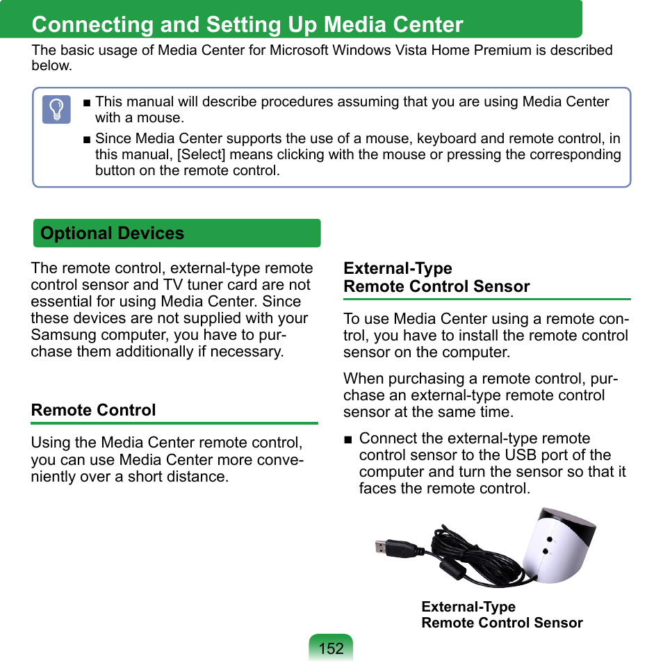 Connecting and setting up media center, Optional devices, Connecting and setting up media center 152 | Samsung NP-Q1-V000-SEA User Manual | Page 152 / 204