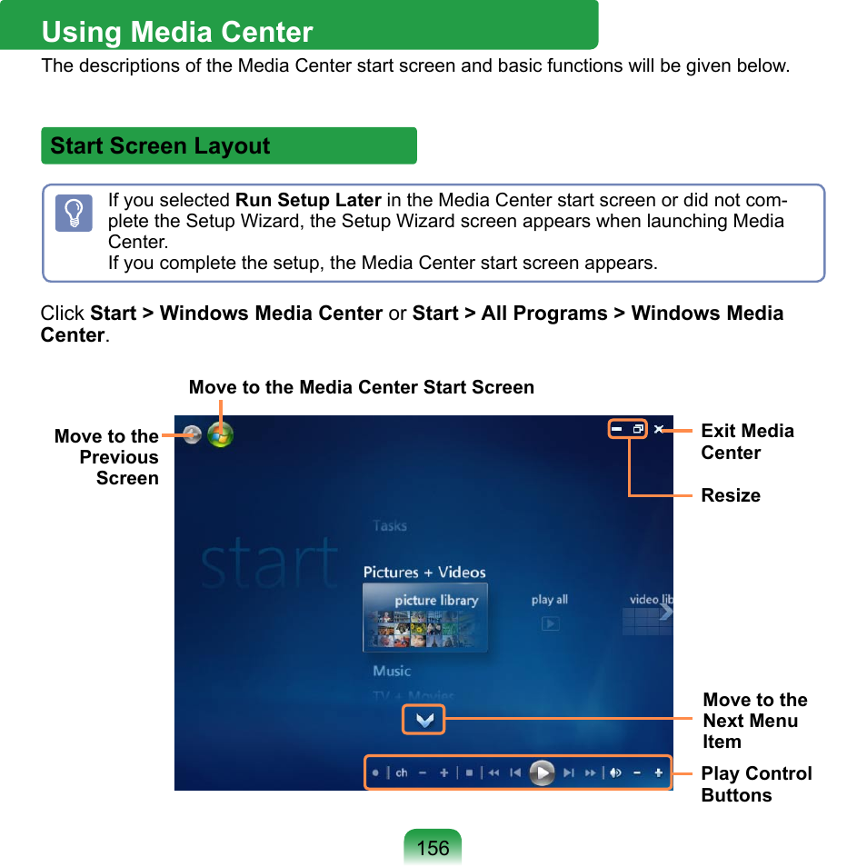 Using media center, Start screen layout | Samsung NP-Q1-V000-SEA User Manual | Page 156 / 204