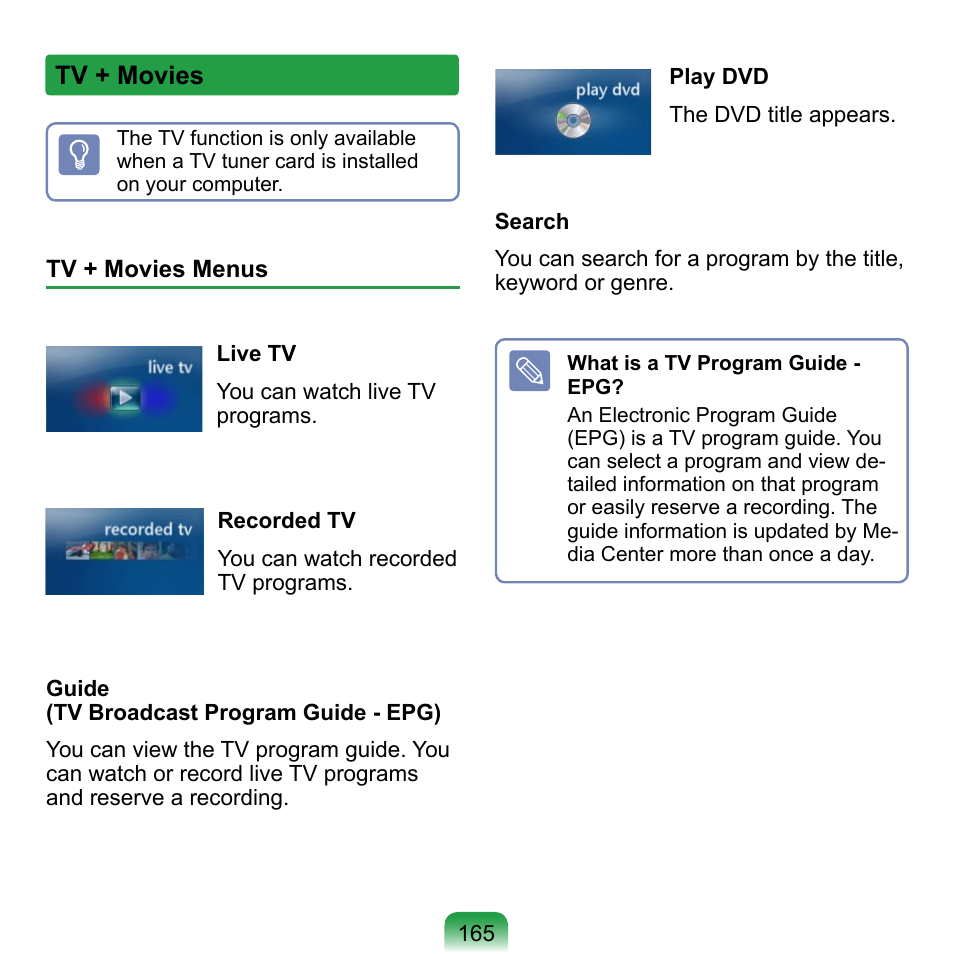 Tv + movies | Samsung NP-Q1-V000-SEA User Manual | Page 165 / 204