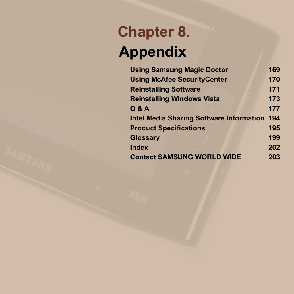 Chapter 8. appendix | Samsung NP-Q1-V000-SEA User Manual | Page 168 / 204