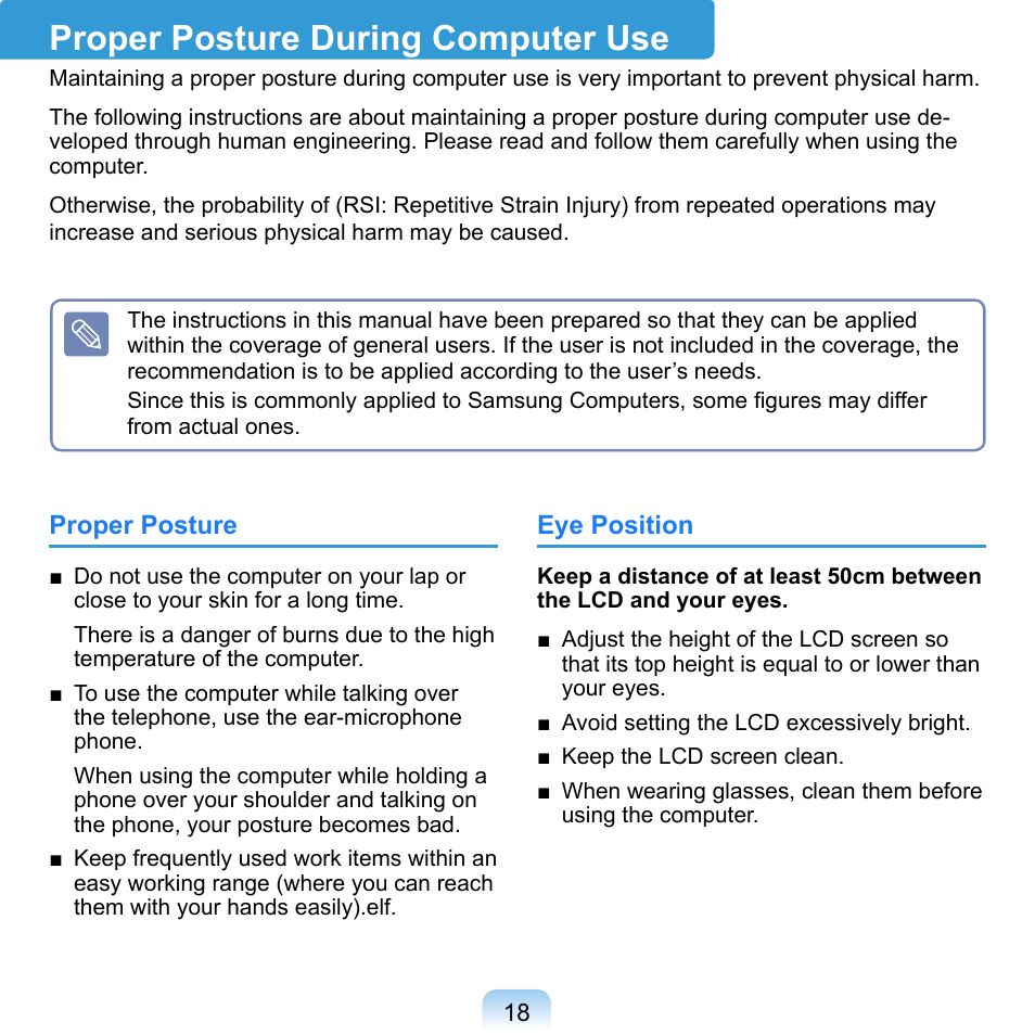 Proper posture during computer use | Samsung NP-Q1-V000-SEA User Manual | Page 18 / 204