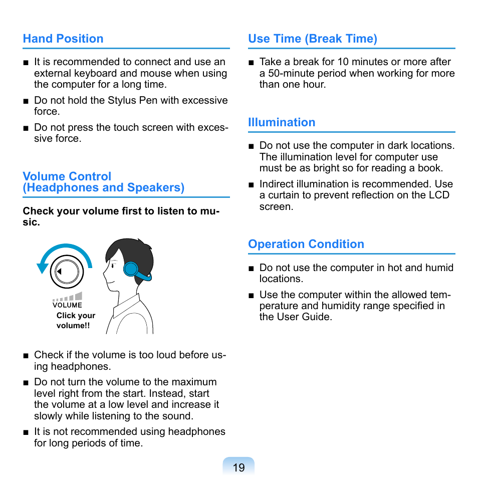 Hand position, Volume control (headphones and speakers), Use time (break time) | Illumination, Operation condition | Samsung NP-Q1-V000-SEA User Manual | Page 19 / 204