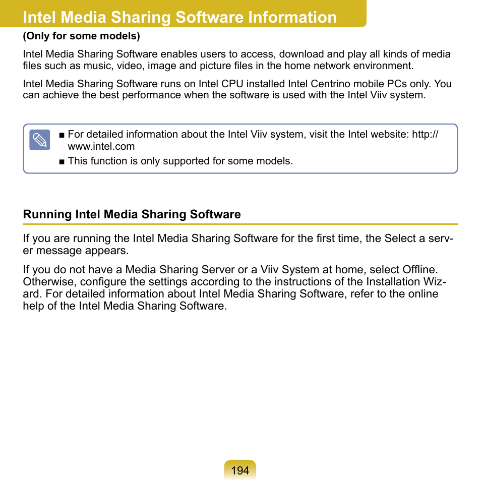 Intel media sharing software information, Intel media sharing software information 194 | Samsung NP-Q1-V000-SEA User Manual | Page 194 / 204