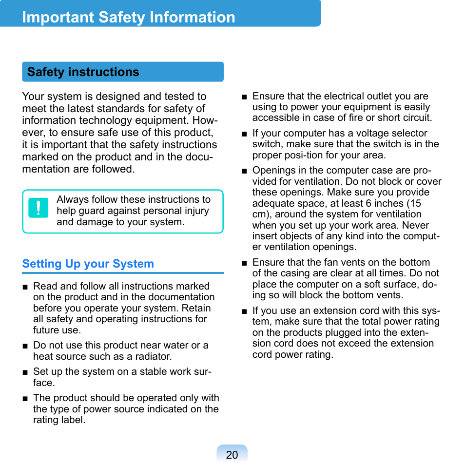 Important safety information, Safety instructions | Samsung NP-Q1-V000-SEA User Manual | Page 20 / 204