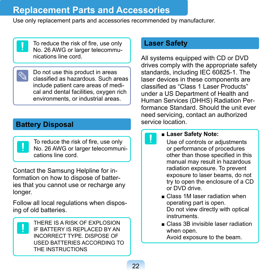 Replacement parts and accessories, Battery disposal, Laser safety | Samsung NP-Q1-V000-SEA User Manual | Page 22 / 204