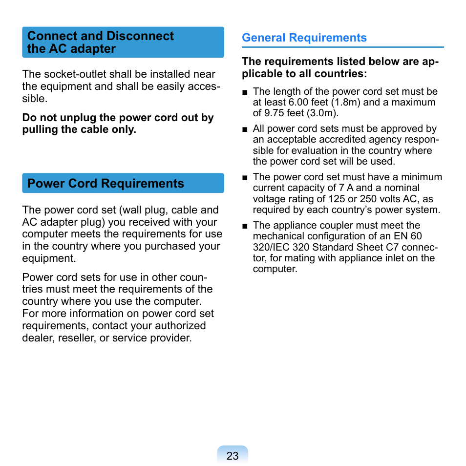 Connect and disconnect the ac adapter, Power cord requirements | Samsung NP-Q1-V000-SEA User Manual | Page 23 / 204