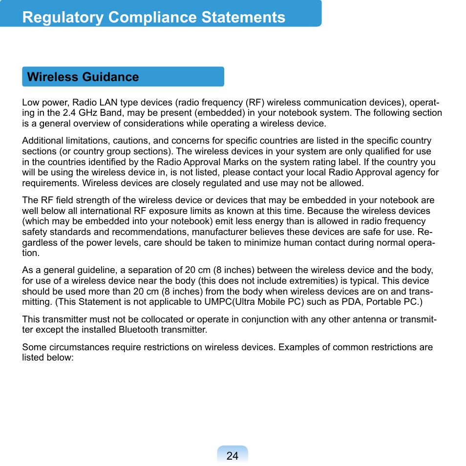 Regulatory compliance statements, Wireless guidance | Samsung NP-Q1-V000-SEA User Manual | Page 24 / 204