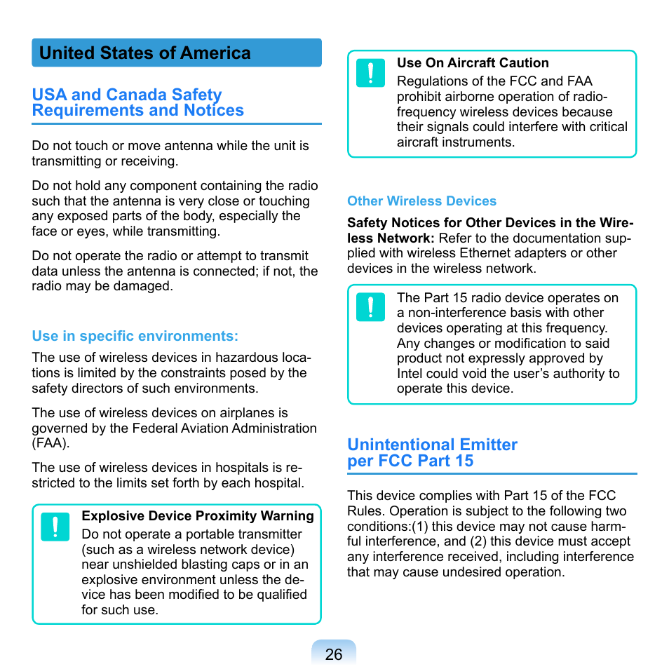 United states of america, Usa and canada safety requirements and notices, Unintentional emitter per fcc part 15 | Samsung NP-Q1-V000-SEA User Manual | Page 26 / 204